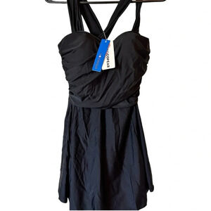 NWT Women’s One Piece Elegant Crossover Swim Dress Tummy Control & Under Shorts